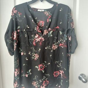 3/$15 Maurices Black Blouse with Red and Green Floral Design